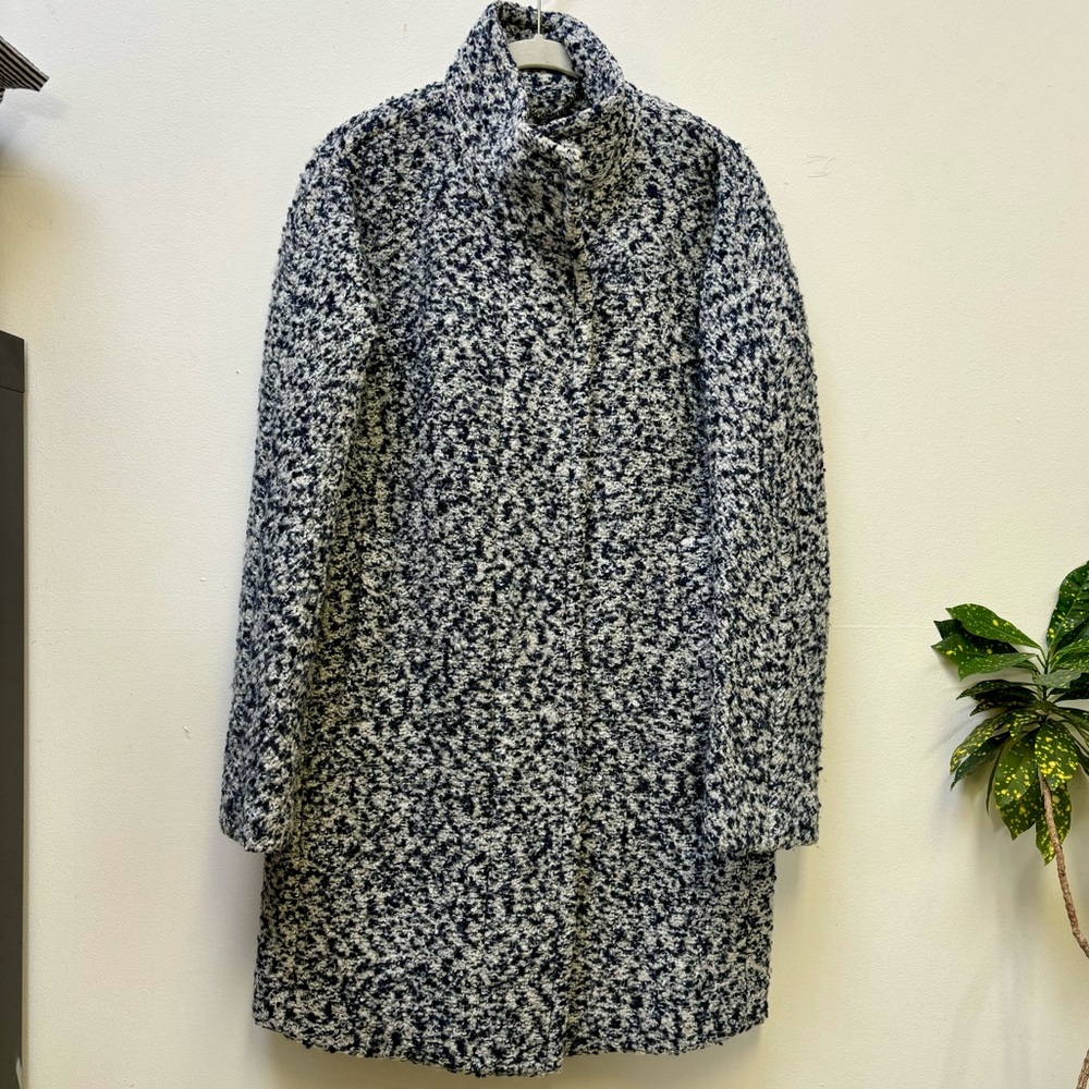 J Crew navy/ivory wool blend bouclé coat.